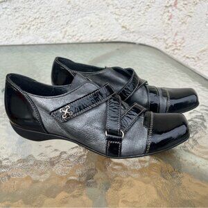 Un Tour En Ville Black Patent and Metallic Grey Leather Square Toe Slip On Shoes